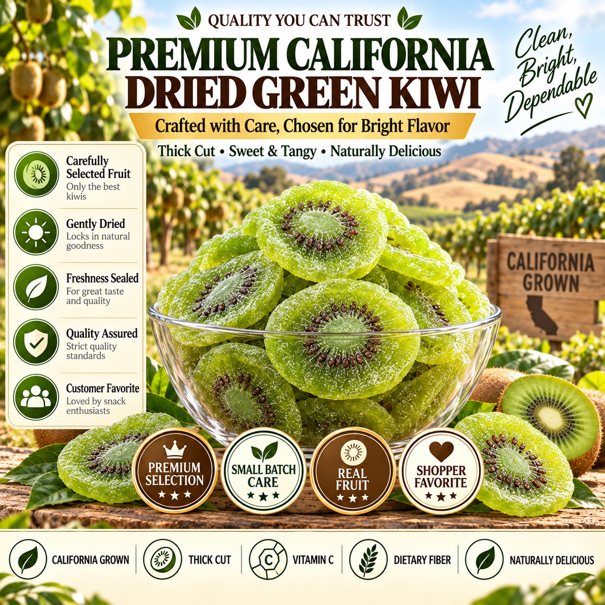 🔥 California-Grown Dried Green Kiwi — 🥝 A Bright, Chewy Fruit Snack for Active Living-ddh