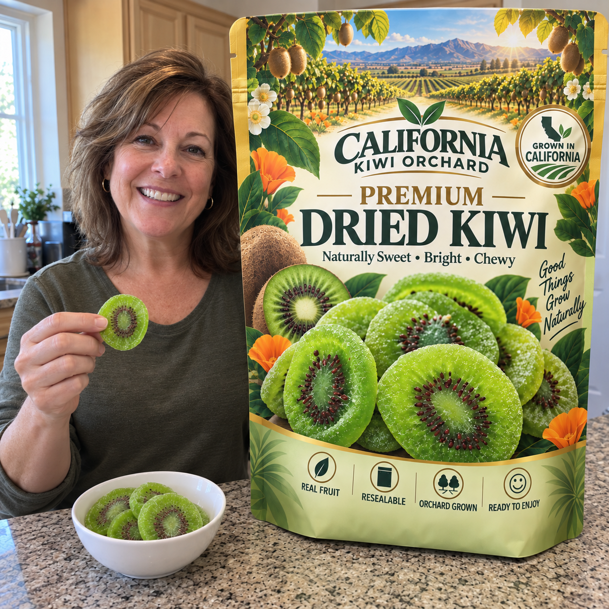 Customer in her kitchen with an extra-large bag of California dried kiwi