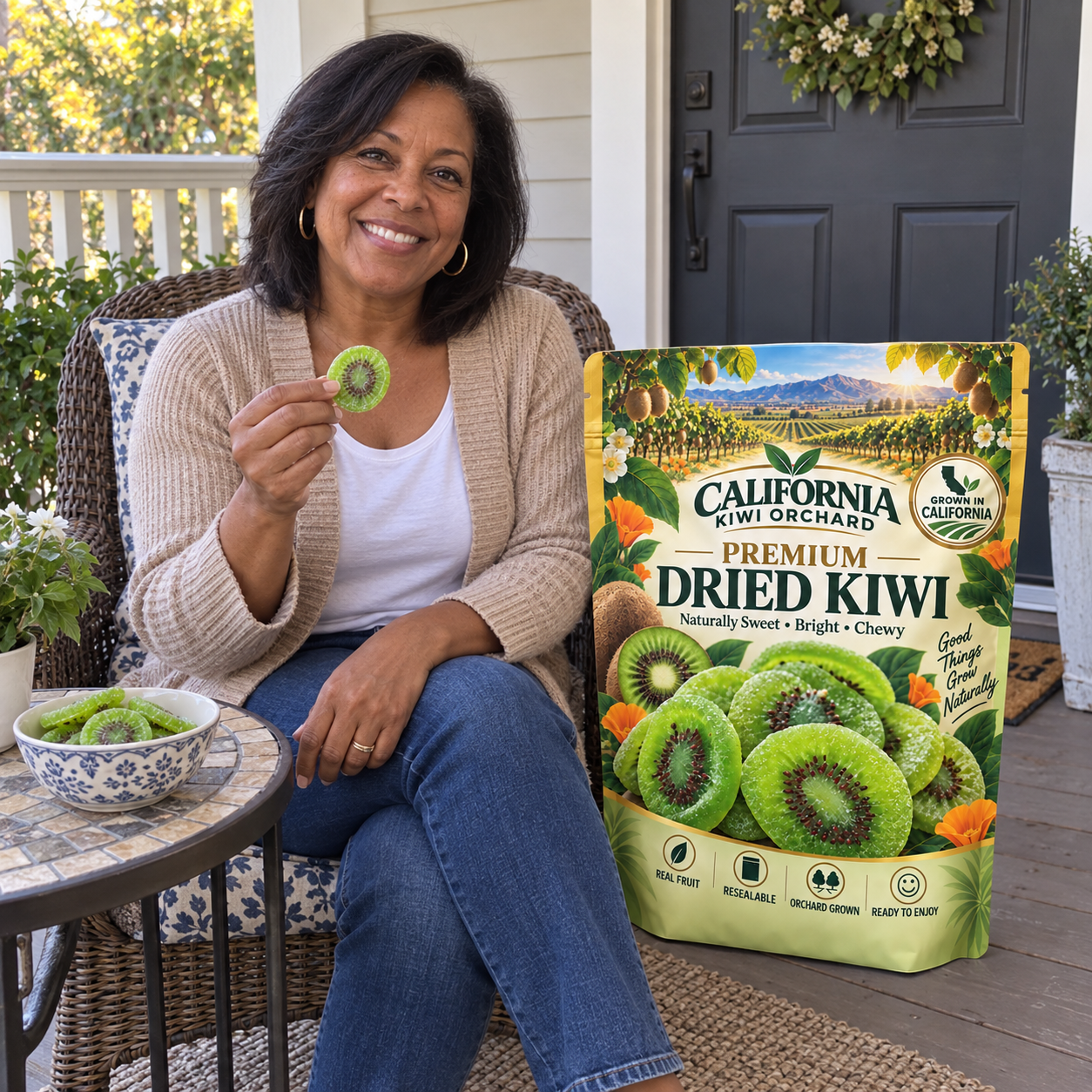 Customer enjoying California dried kiwi on her front porch
