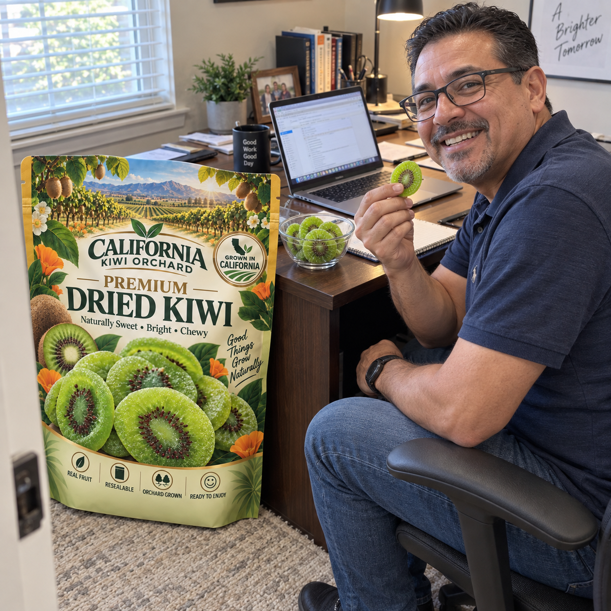 Customer eating California dried kiwi at his home office desk
