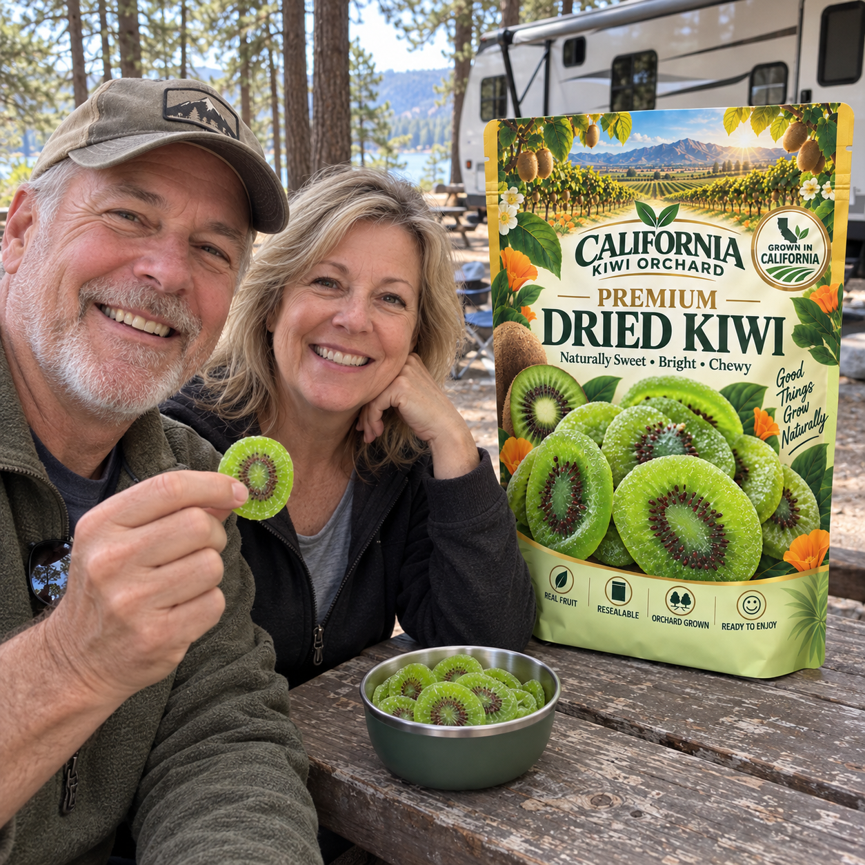 Couple sharing California dried kiwi at a campground