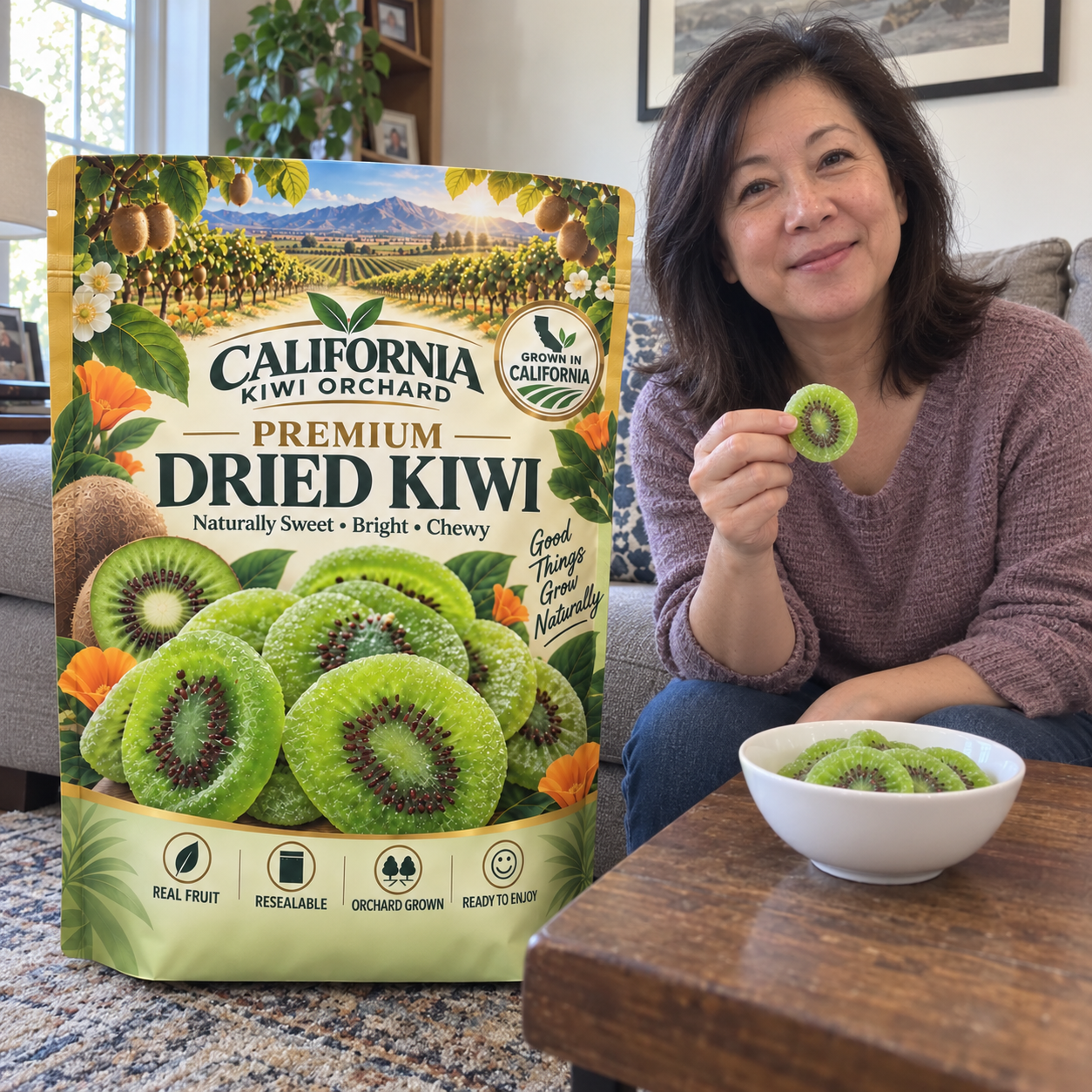 Customer sharing California dried kiwi in her living room