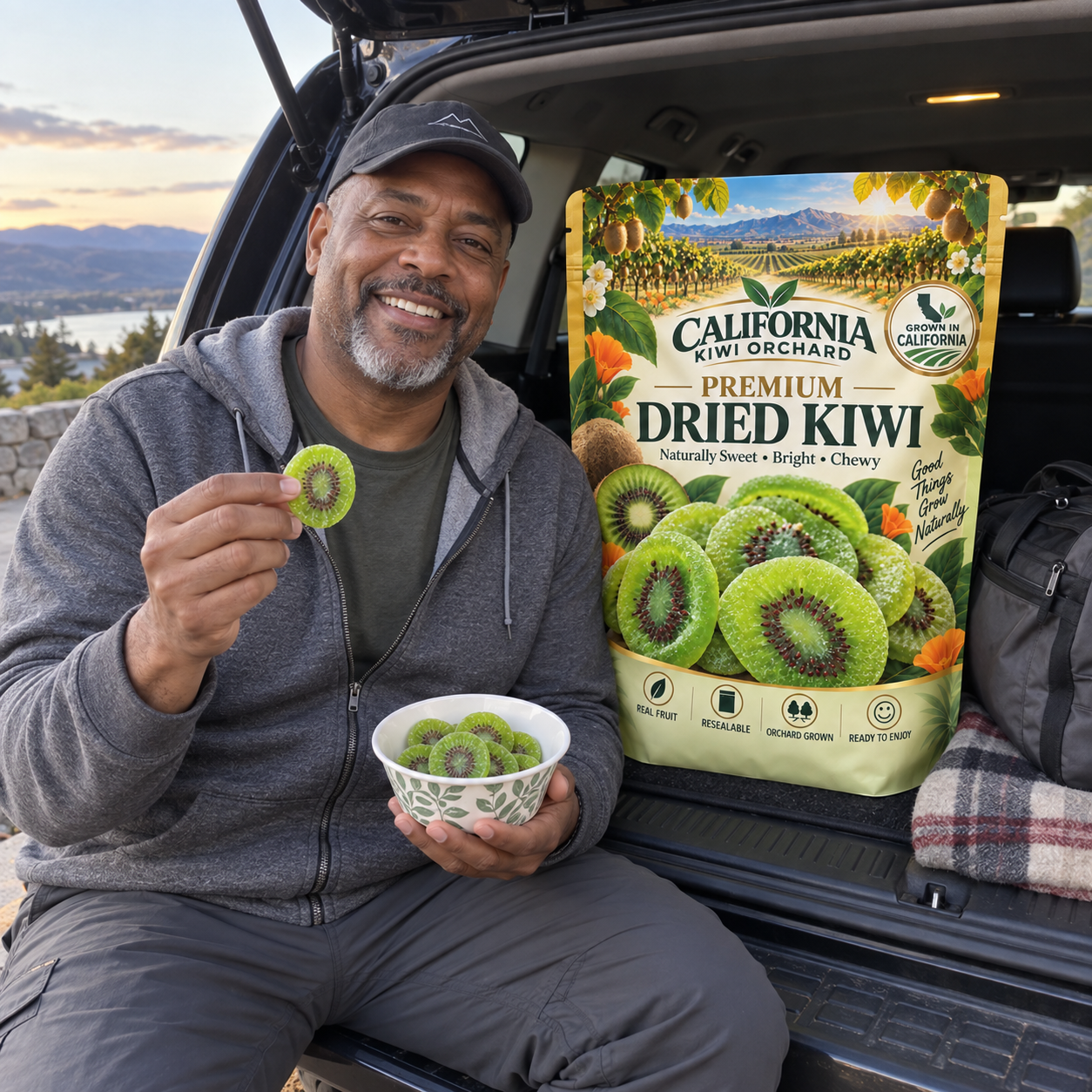 Customer with California dried kiwi at an SUV during a road trip