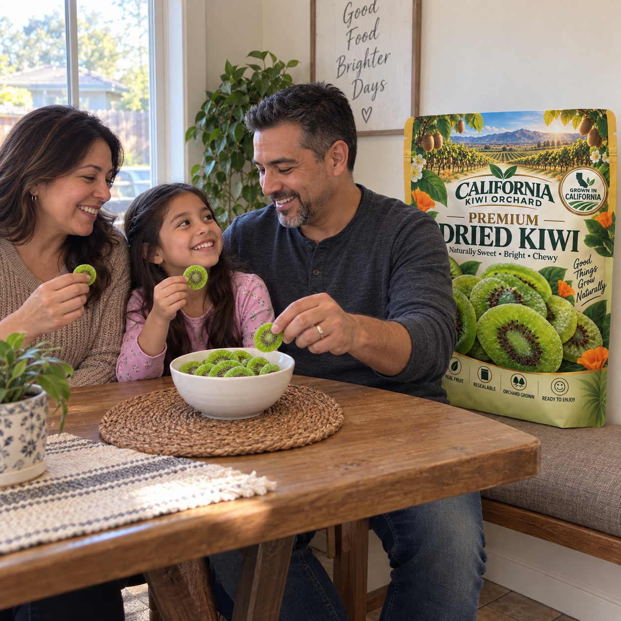Parents and their daughter sharing California dried kiwi at home