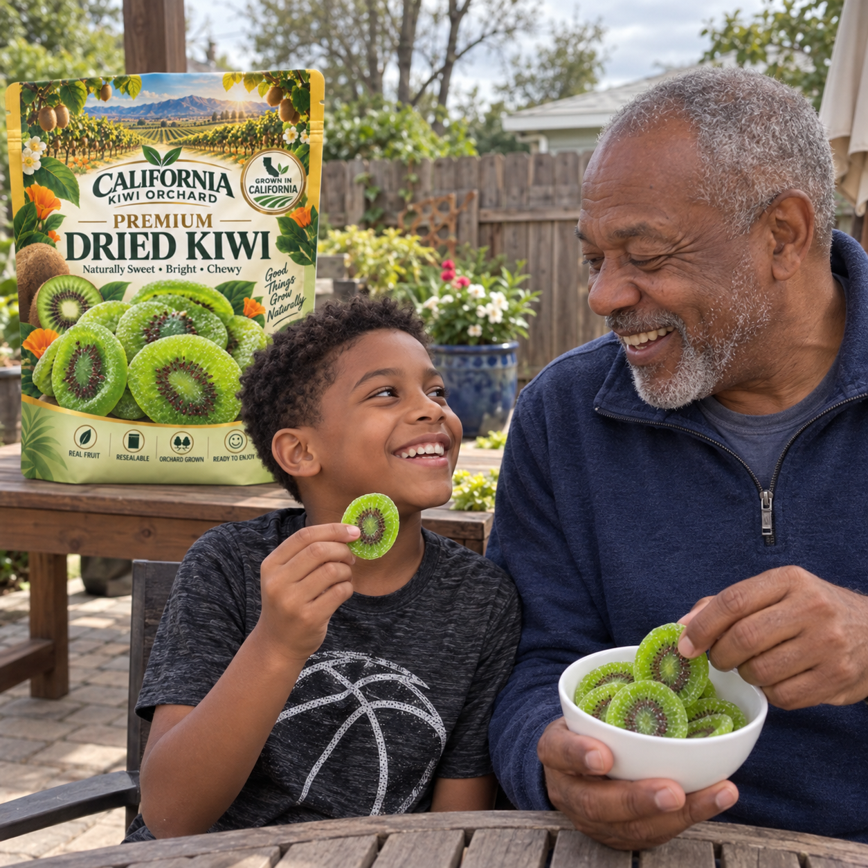 Grandfather and grandson sharing California dried kiwi
