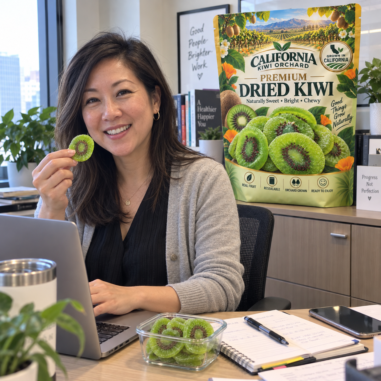 Busy office customer enjoying California dried kiwi at her desk
