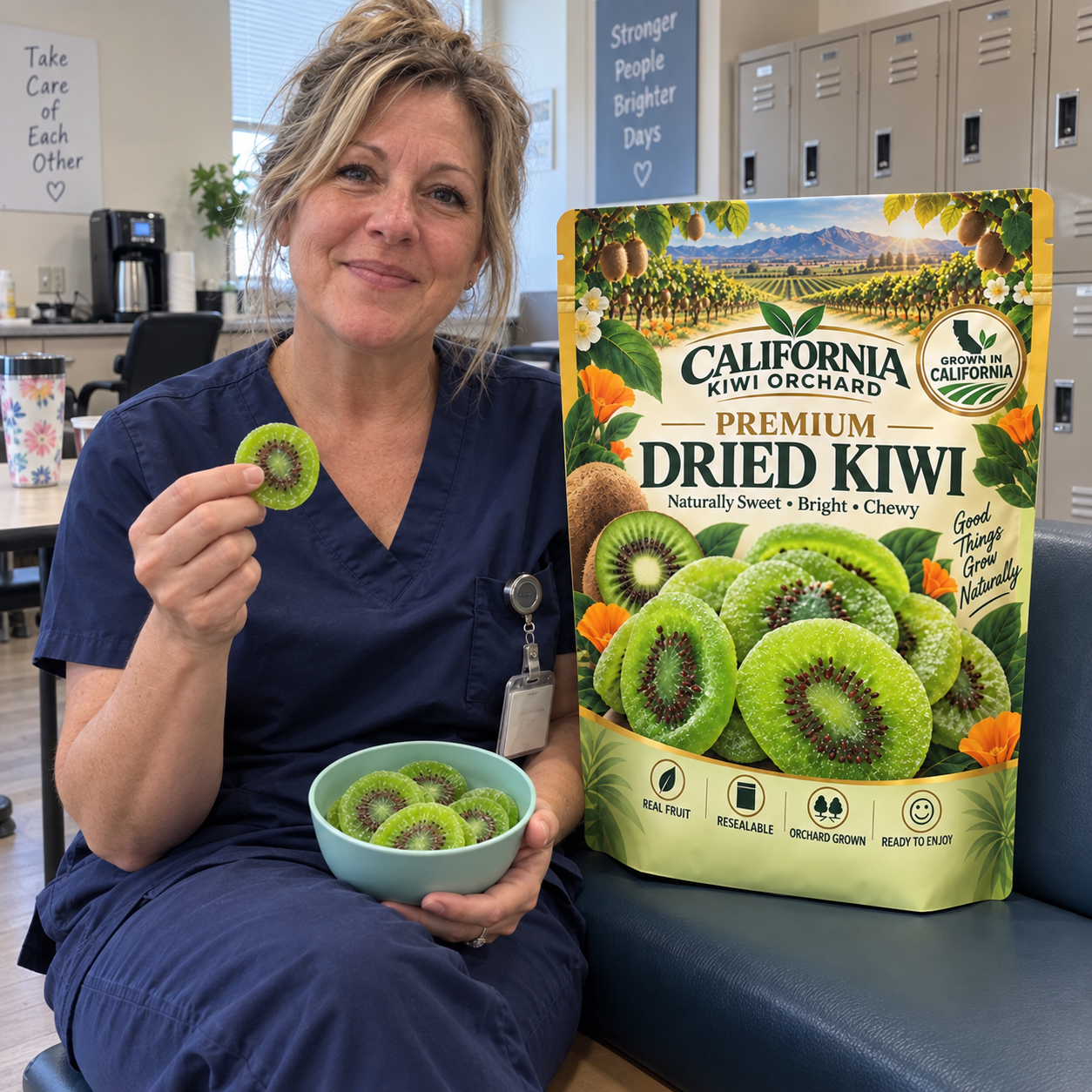 Nurse enjoying California dried kiwi during a work break