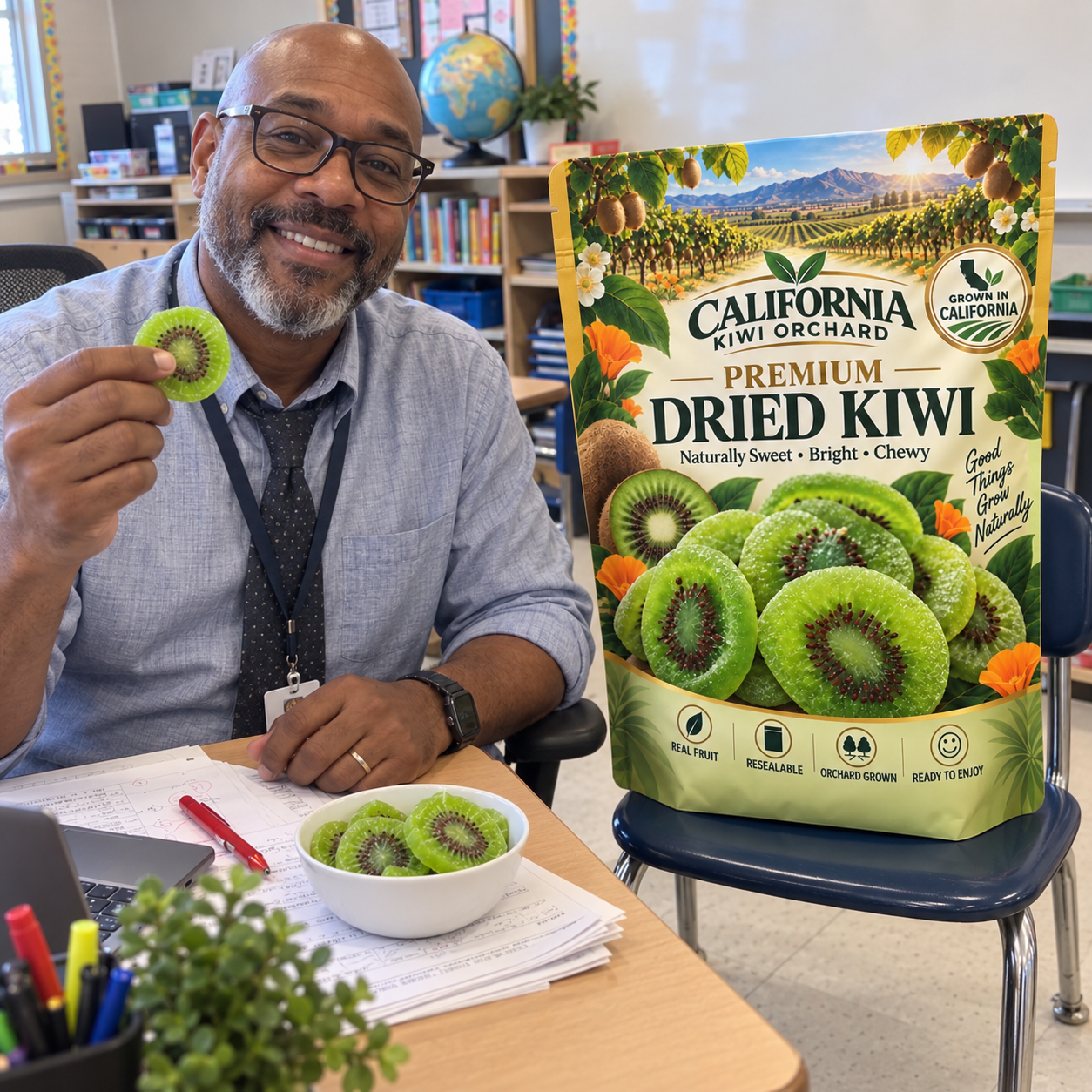Teacher enjoying California dried kiwi while grading papers